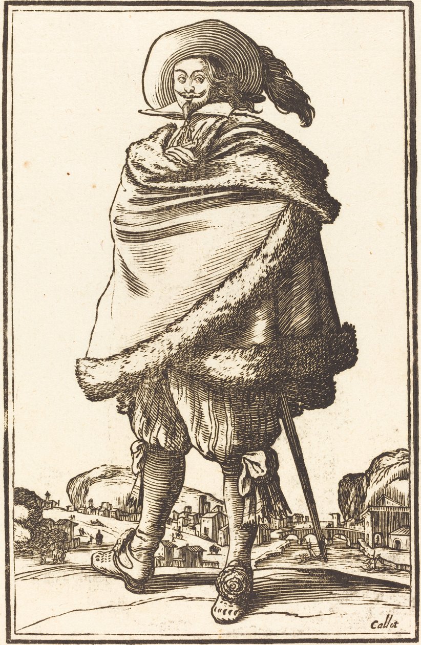 Jalo mies käärittynä turkista koristeltuun vaippaan tekijältä After Jacques Callot