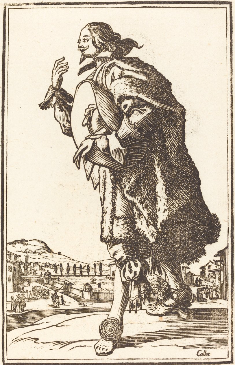 Jalo mies, jolla on huopahattu, kumartuu tekijältä After Jacques Callot
