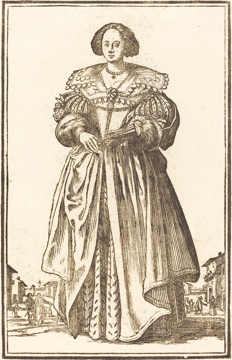 Jalo nainen tuulettimen kanssa tekijältä After Jacques Callot