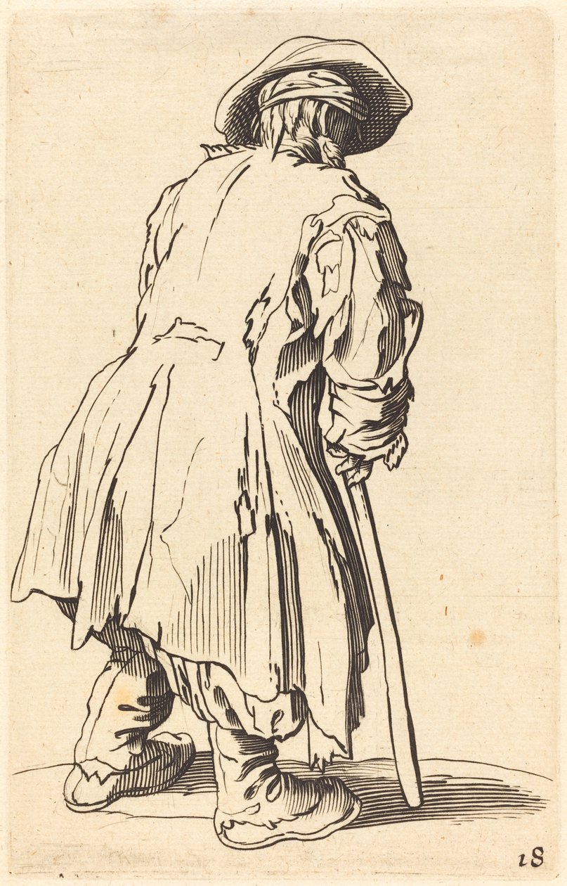 Vanha kerjäläinen yhdellä kainalosauvalla tekijältä After Jacques Callot