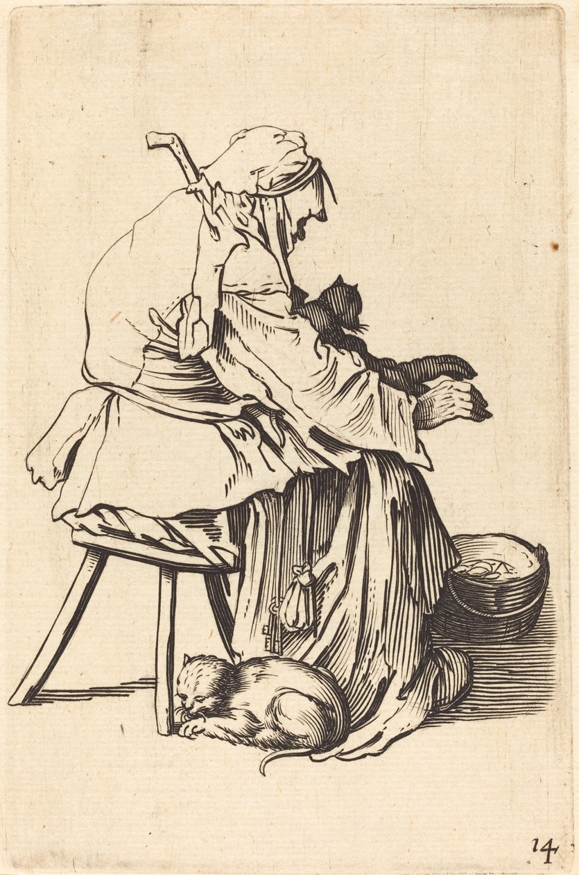 Vanha nainen kissojen kanssa tekijältä After Jacques Callot