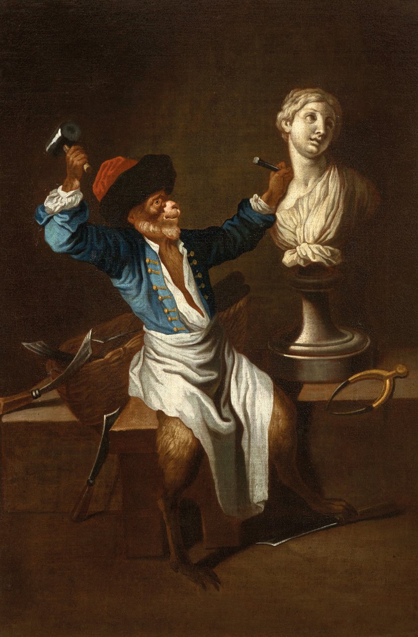 Apina kuvanveistäjänä F 18Jh tekijältä after Jean Antoine Watteau