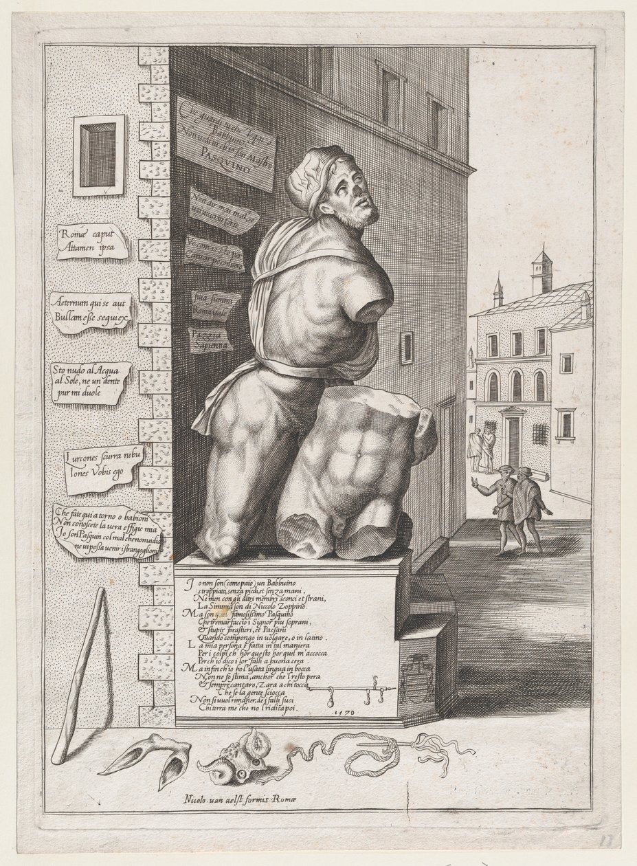 Pasquinin patsas kardinaali Ursinon talossa, julkaistu vuoden 1582 jälkeen, julkaistu vuoden 1582 jälkeen. tekijältä After Nicolas Beatrizet.
