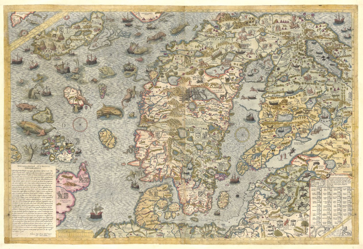 Uskollinen kopio Carta marinasta (Olaus Magnuksen vuonna 1539 julkaisema Skandinavian seinäkartta) tekijältä After Olaus Magnus