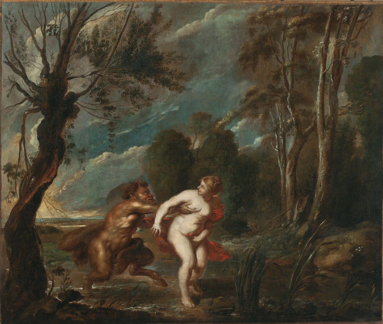 Maisema, jossa on nymfi ja satyyri tekijältä after Peter Paul Rubens