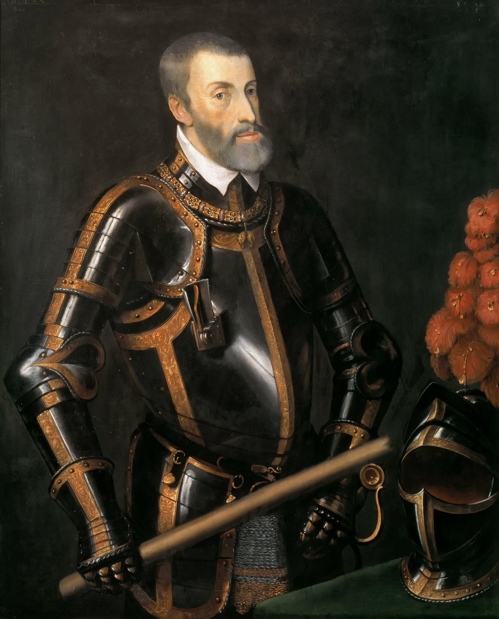 Saksa: Keisari Kaarle V (1500-1558) haarniskassa, puolipitkä muotokuva keisari Kaarle V:stä haarniskassa. tekijältä after Titian
