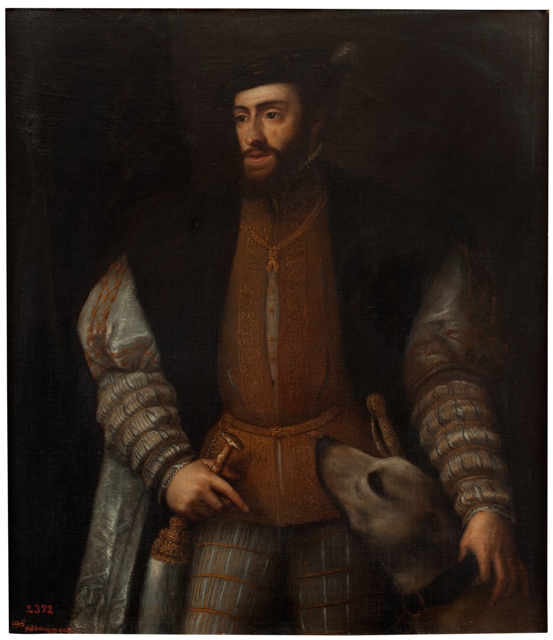 Espanjaksi:  Kaarle V ja koira. tekijältä after Titian