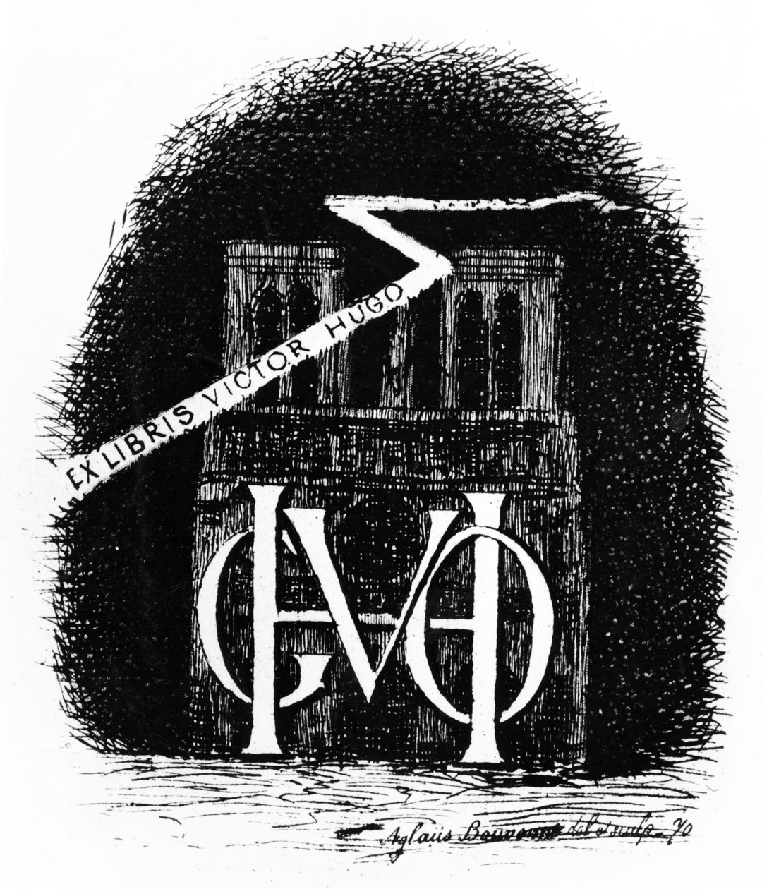 Ex-libris-kirjakilpi Victor Hugolle, 1870 tekijältä Aglaüs Bouvenne