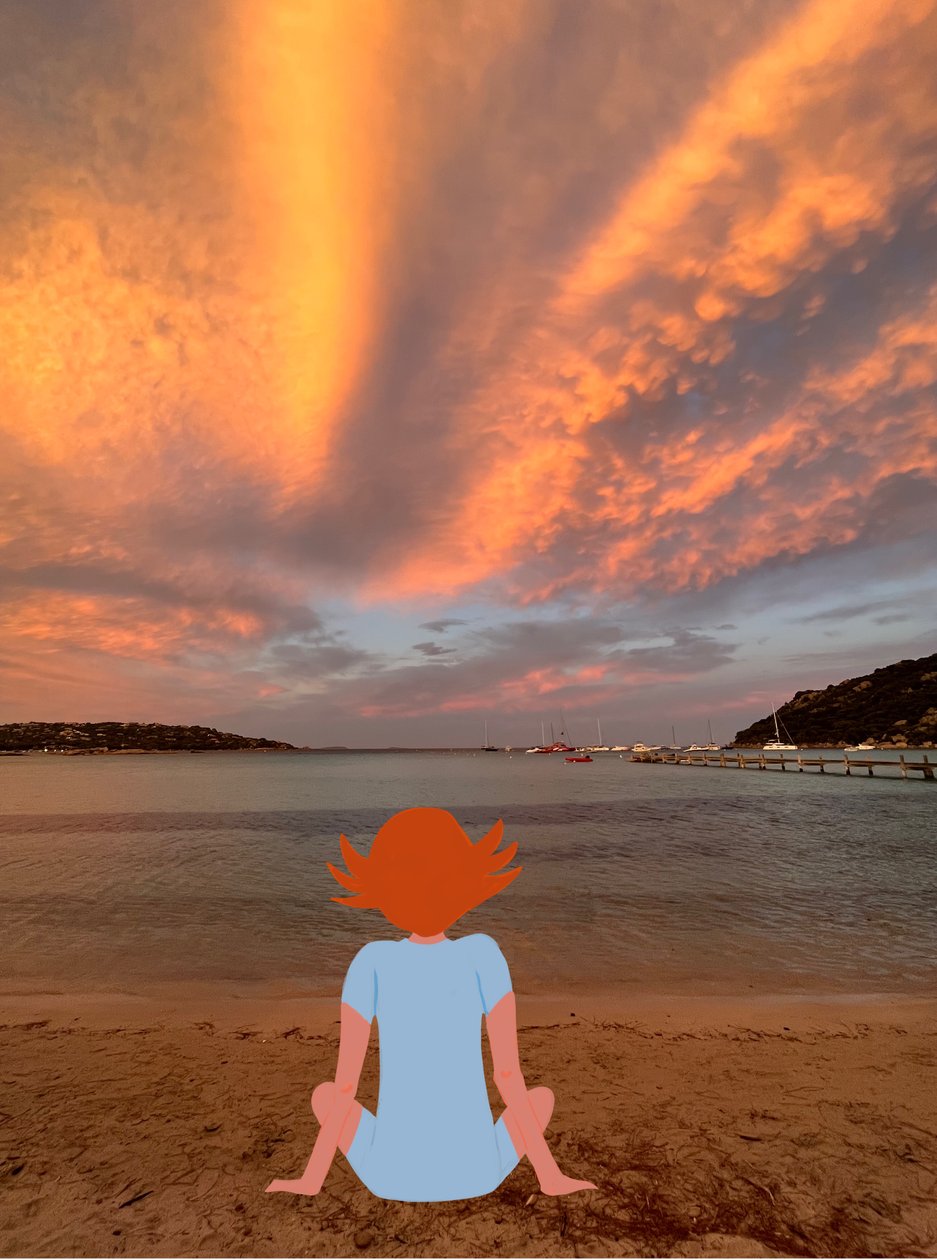 Auringonlasku, 2023 (digitaalista taidetta valokuvassa) tekijältä Agnes Girardon