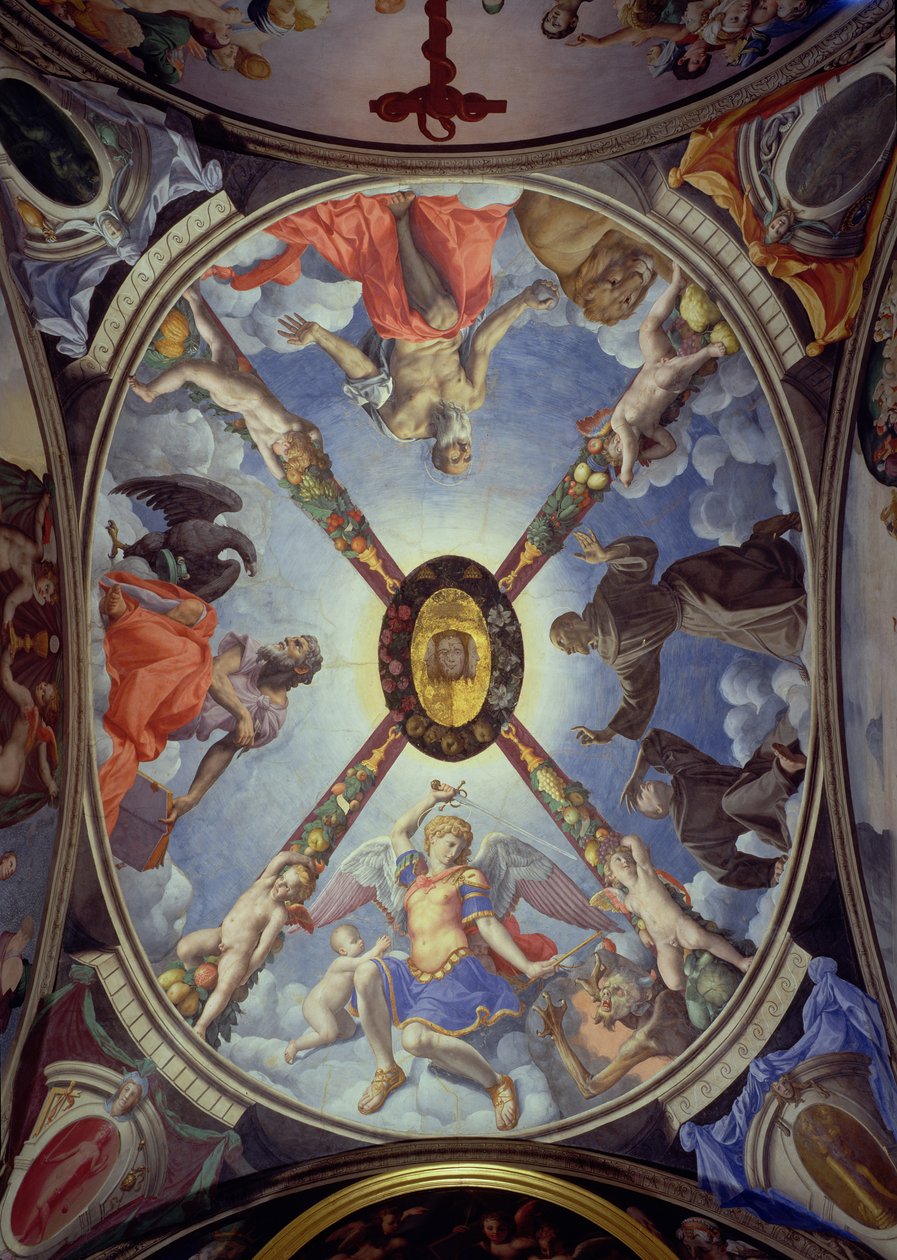 Toledon Eleonoran kappelin katto, jossa on kuvattu arkkienkeli Mikael, joka voittaa saatanan, evankelista Johannes, pyhä Hieronymus ja pyhä Franciscus, joka saa stigmat, 1555. tekijältä Agnolo Bronzino