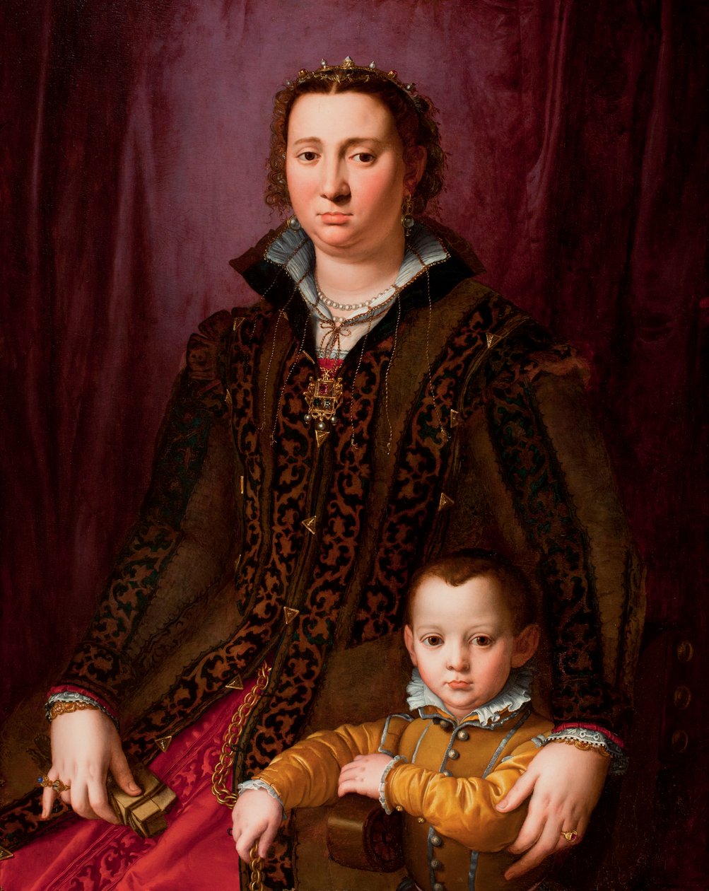 Muotokuva Giovanna Chevarasta ja hänen pojastaan Giovanni Montalvosta, noin 1560-65 (öljy paneelille). tekijältä Agnolo (manner of) Bronzino