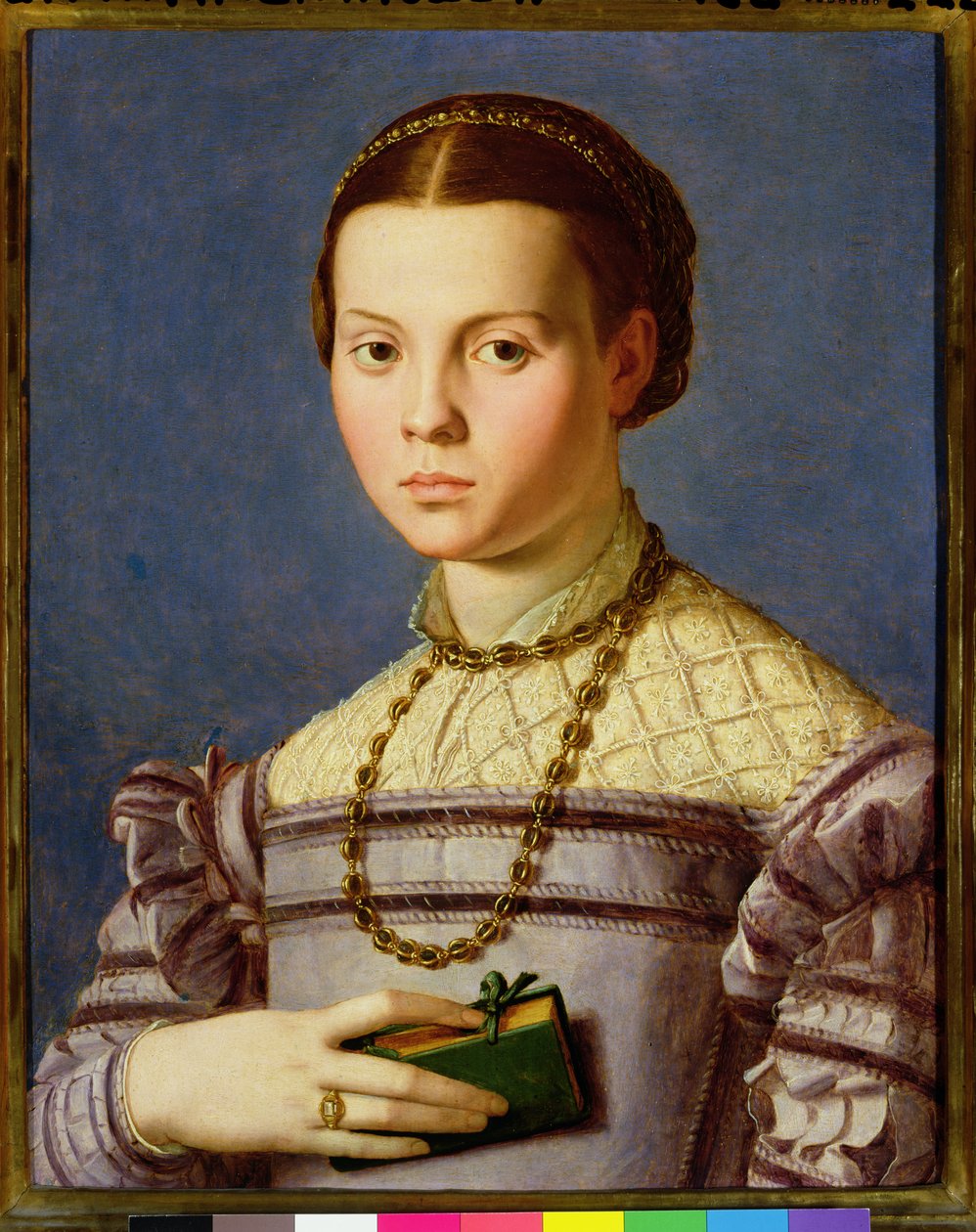 Muotokuva nuoresta tytöstä pitelemässä kirjaa n. 1545 (tempera paneelissa) tekijältä Agnolo Bronzino