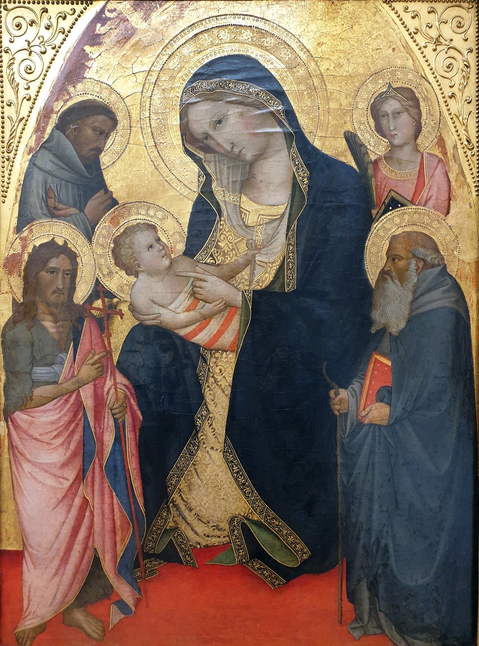 Saksa: Maria mit dem Kind und den Heiligen Johannes der Täufer, Franziskus, Antonius Abbas und einer weiblichen Märtyrerin Madonna ja lapsi, Johannes Kastaja, Fransiskus ja Antonius sekä marttyyri. tekijältä Agnolo Gaddi