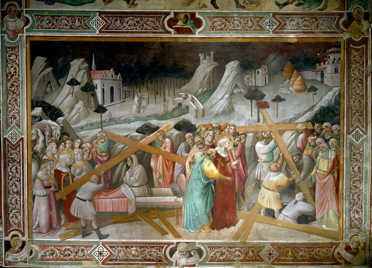 Legenda todellisesta rististä: "Pyhä Helene (248-328), Rooman keisarin Konstantinus I:n (272-337) äiti, löytää Pyhän Ristin Palestiinasta" Agnolo Gaddin (noin 1350-1396) fresko. 1300-luvun Santa Crocen kirkko, Firenze. tekijältä Agnolo Gaddi
