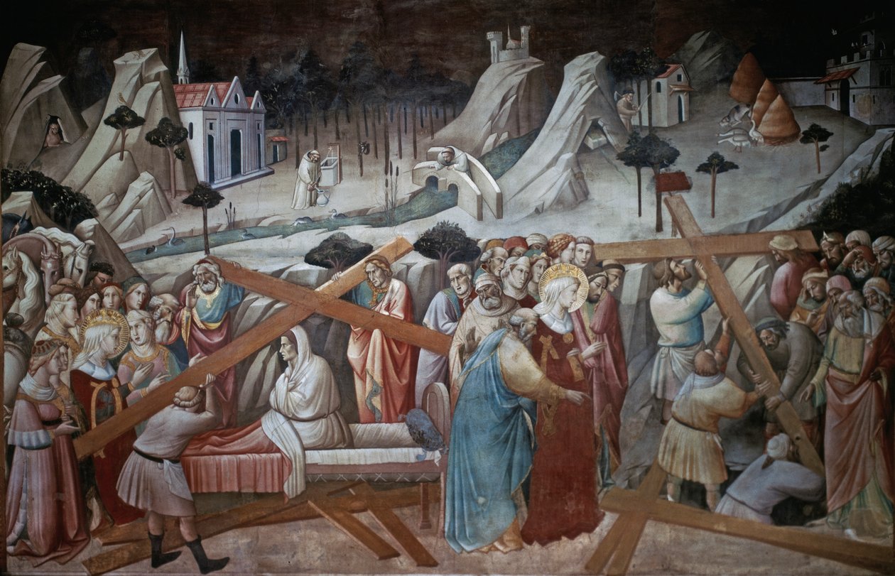 St. Helena kaivaa löytääkseen todellisen ristin Agnolo Gaddin Legend of the True Cross Cyclesta, Santa Crocen basilikan kappeli, Firenze, n. 1380 tekijältä Agnolo Gaddi