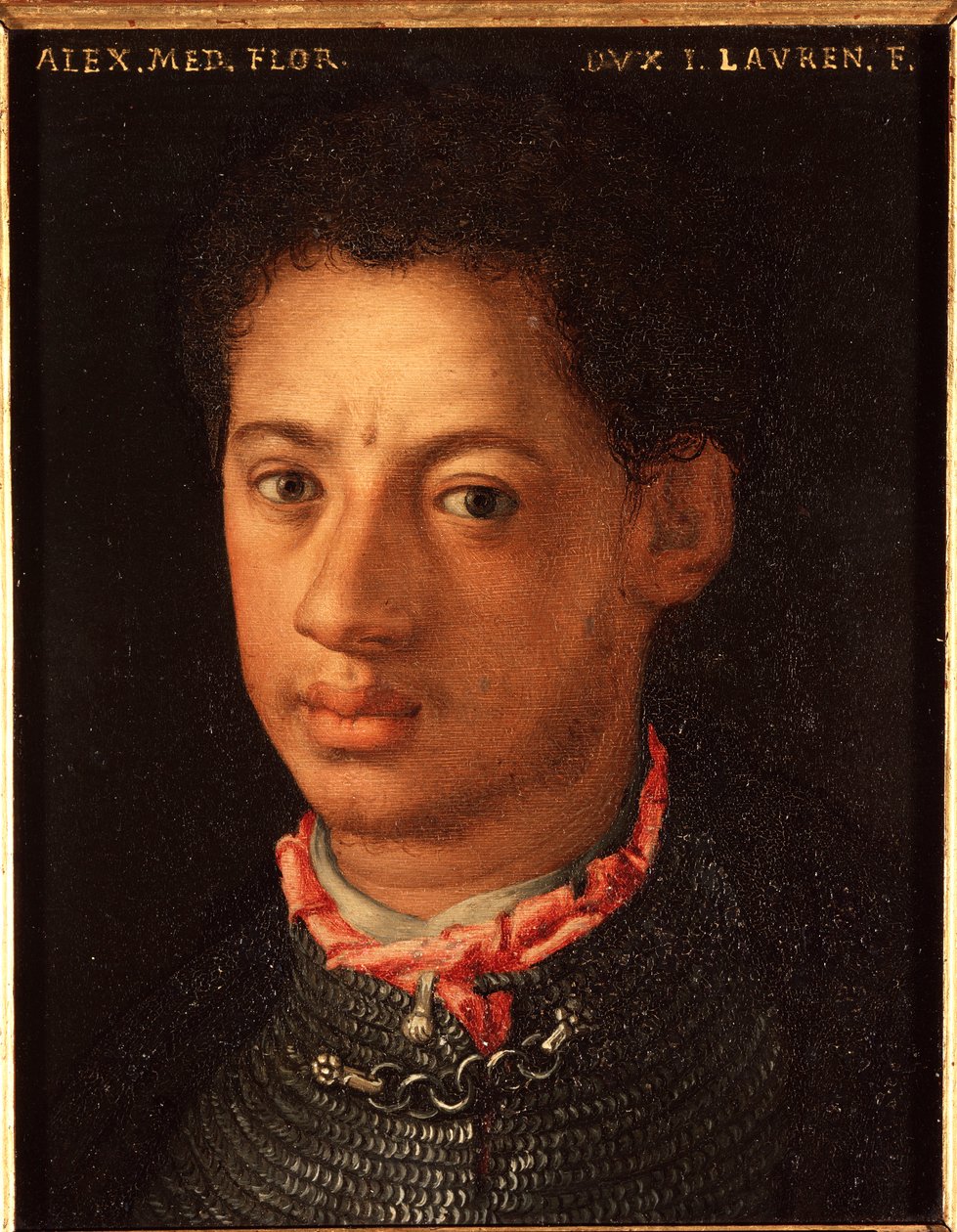 Alessandro de Medicin muotokuva (Mauriksi kutsuttu Aleksandri Medici) (1510-1572) Firenzen herttua Allori Angelo di Cosimo dit Bronzinon (1503-1572) maalaus 1500-luvulla Aurinko 15x12 cm Palatsi Medici-Riccardi (Medici Riccardi) tekijältä Agnolo Bronzino