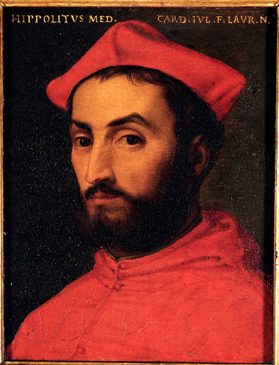 Kardinaali Ippolito de Medicin (1511-1535) muotokuva Allori Angelo di Cosimo dit Bronzinon (1503-1572) maalaus - 1500-luvun aurinko 15x12 cm Medici-Riccardin palatsi (Medici Riccardi) Firenze tekijältä Agnolo Bronzino