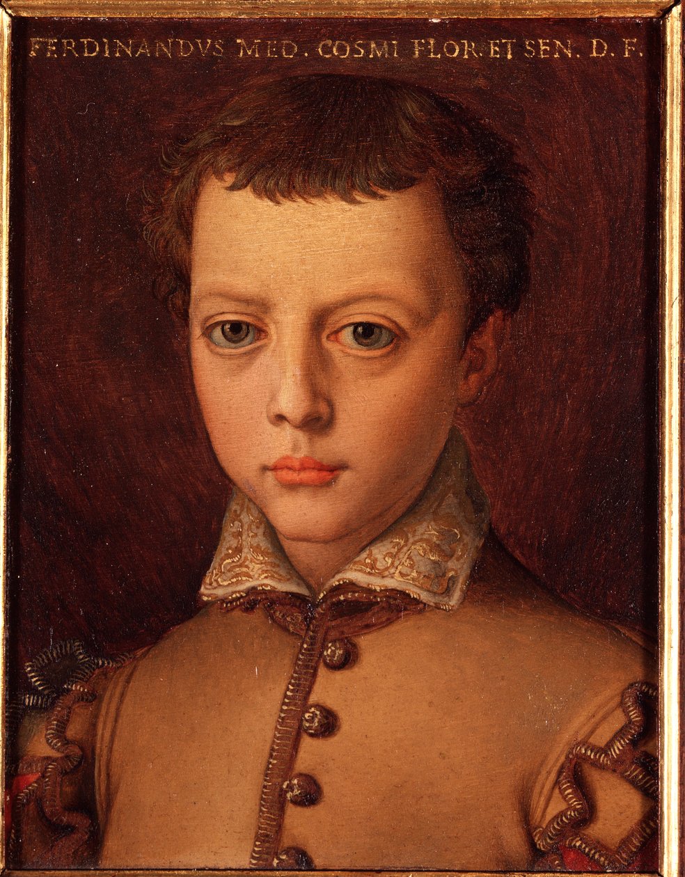 Muotokuva Ferdinand I:stä Medicis (Ferdinando I de Medici) (1549-1609) nuori poika Allori Angelo di Cosimo dit Bronzinon (1503-1572) maalaus 1500-luvulla Aurinko 15x12 cm Palatsi Medici-Riccardi (Medici Riccardi) Firenze tekijältä Agnolo Bronzino