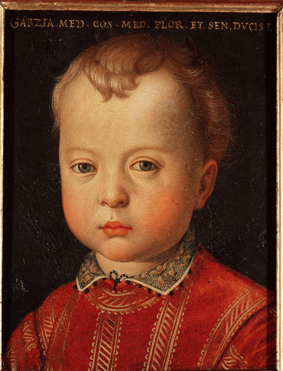 Garzia de Mediciksen muotokuva (Garzia de Medici) (1547-1562) Allori Angelo di Cosimo dit Bronzinon (1503-1572) lapsimaalaus 1500-luvulta Aurinko 15x12 cm Palatsi Medici-Riccardi (Medici Riccardi) Firenze tekijältä Agnolo Bronzino