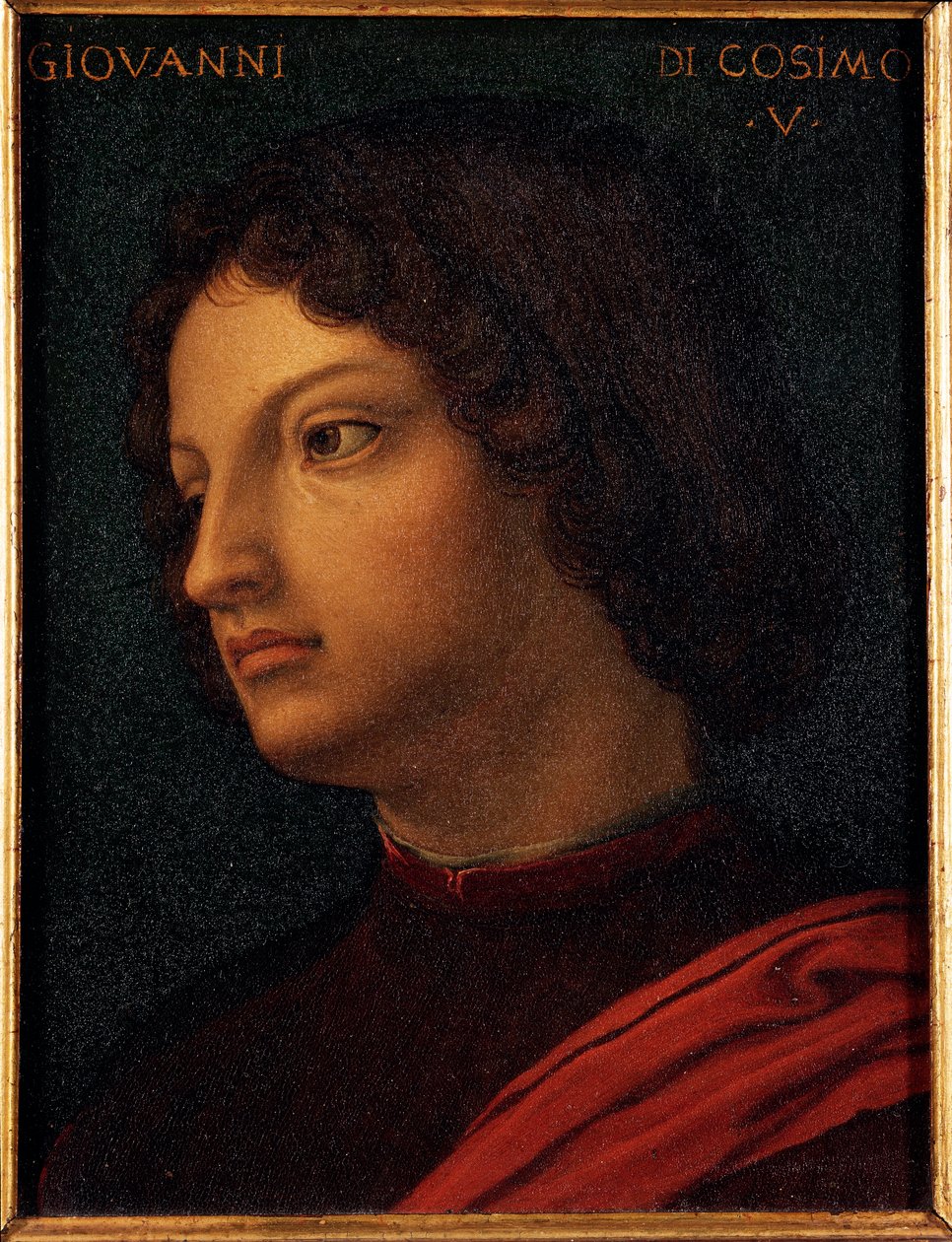 Jean de Medicin (Giovanni di Cosimo de Medicin) muotokuva (1421-1463) Allori Angelo di Cosimo dit Bronzinon (1503-1572) pankkiiri- ja mekenemaalaus 1500-luvulla Koko 15x12 cm Medici-Riccardin palatsi (Medici Riccardi) tekijältä Agnolo Bronzino