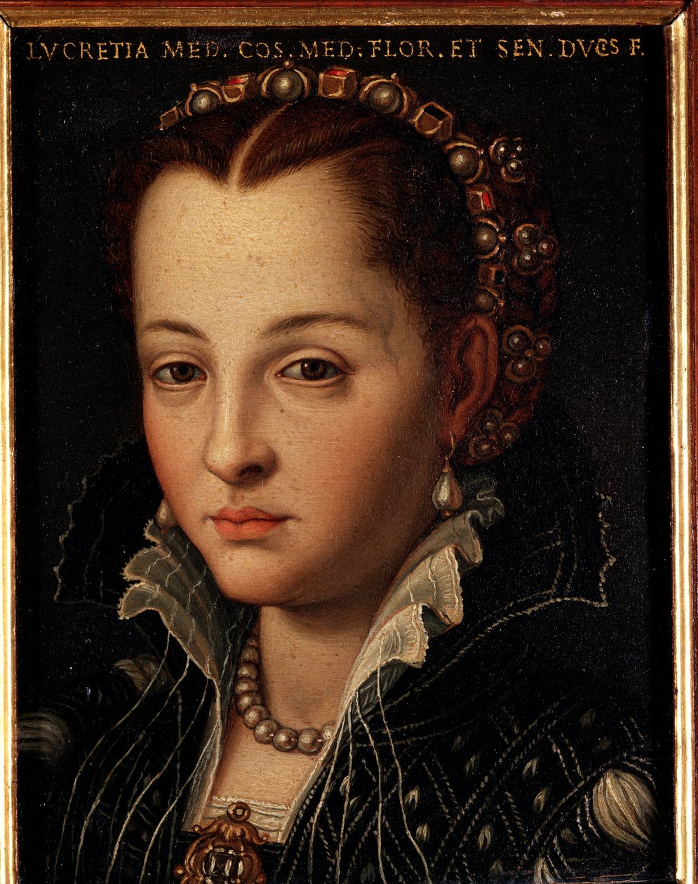 Lucrezia de Medicin (tai Lucrezia di Cosimo de Medicin tai Lucrece de Medicin) muotokuva (1545-1561) Allori Angelo di Cosimo dit Bronzinon (1503-1572) maalaus - 1500-luvun koko 15x12 cm Palatsi Medici-Riccardi (Medic Florecei Riccardi) tekijältä Agnolo Bronzino