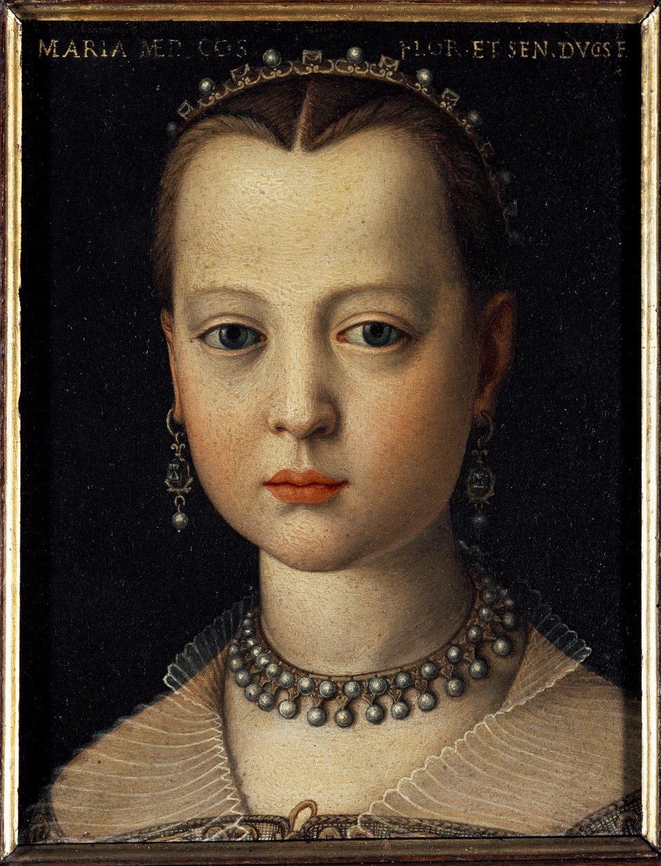 Muotokuva Medicin Mariasta (1540-1557) Toscanan Cosimo I:n tyttärestä (Cosimo I de Medici) (1519-1574) (Toscanan suurherttua Cosimo I de Medicin tyttären Maria de Medicin muotokuva) Bronzinon (Agnolo) maalaus kirjoittanut Cosimo) (1503-1572) 1551 Koko 15x1 tekijältä Agnolo Bronzino