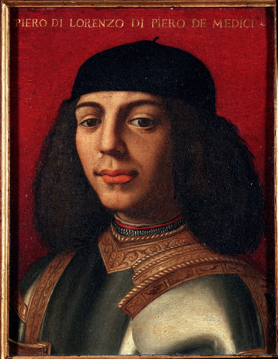 Muotokuva Pietari II:sta Medici (1472-1503) (Piero di Lorenzo de Medici tai Piero onneton) italialainen poliitikko ja sotilas, Laurentin poika, Agnolo Allorin upea maalaus Bronzino (1503-1572), öljy kuparille, koko 15x12 cm Palazzo M tekijältä Agnolo Bronzino