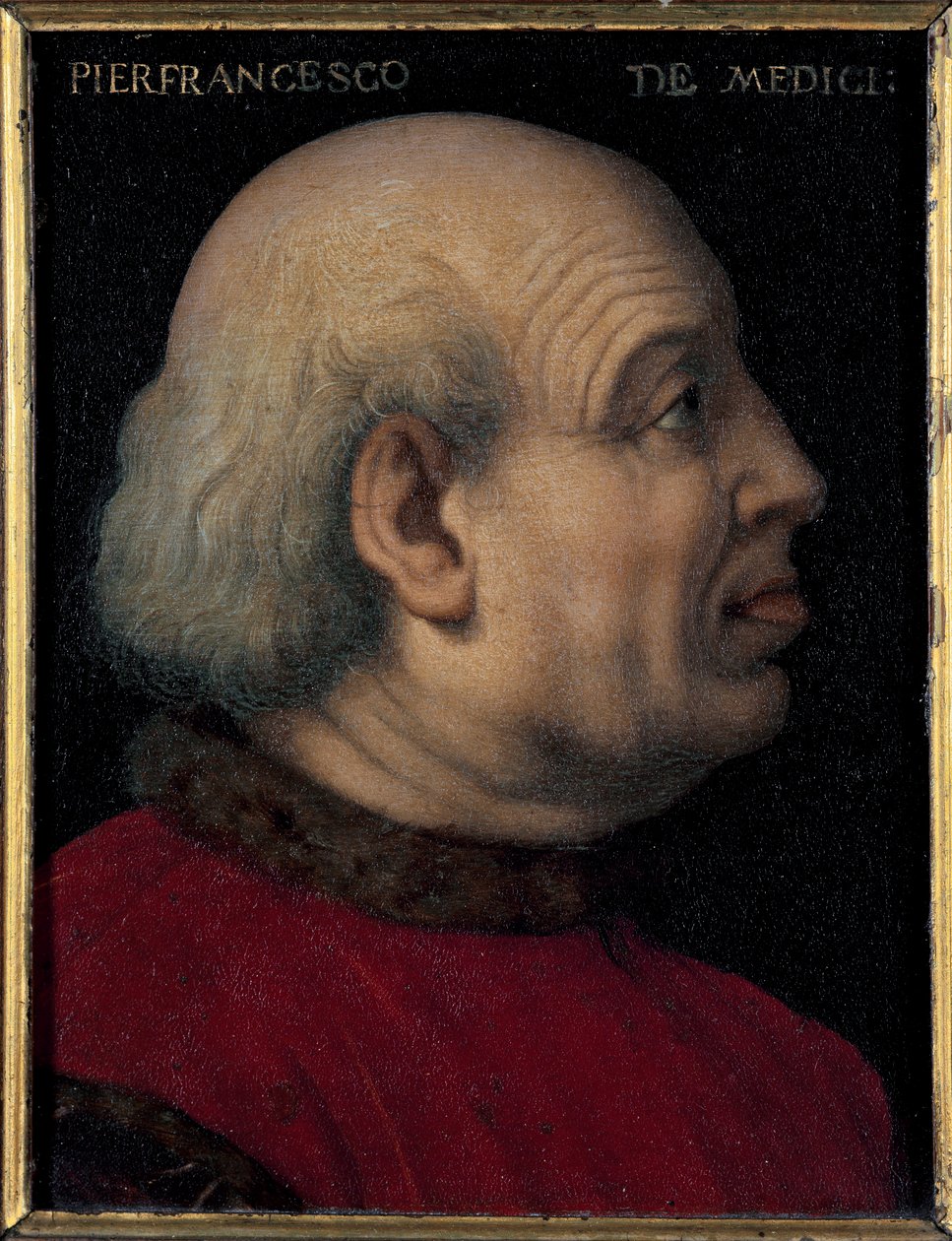 Pierfrancesco di Lorenzo de Medicis vanhimman (1430-1476) muotokuva (Pierfrancesco de Medicin vanhimman muotokuva italialainen pankkiiri ja diplomaatti, Firenzen Medicien talon jäsen) Bronzinon (Agnolo di Cosimo) maalaus (1503-1572) Koko 15x12 cm tekijältä Agnolo Bronzino