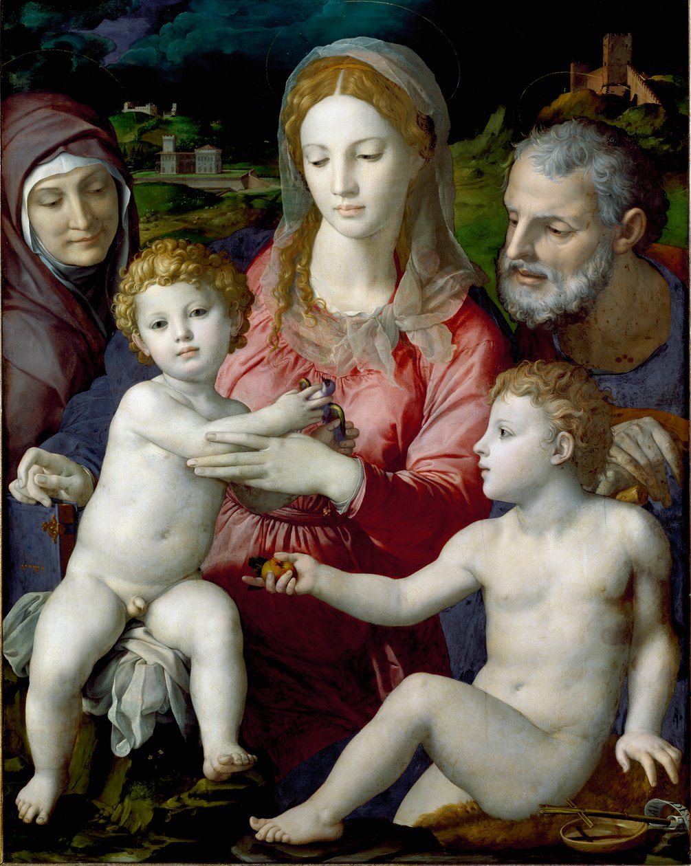 Pyhä perhe Pyhän Annan ja Pyhän Johanneksen lapsen kanssa Agnolo di Cosimo dit Bronzinon (1503-1572) maalaus 1550 su. 124,5x99,5 cm Kunsthistorisches Museum Wien tekijältä Agnolo Bronzino