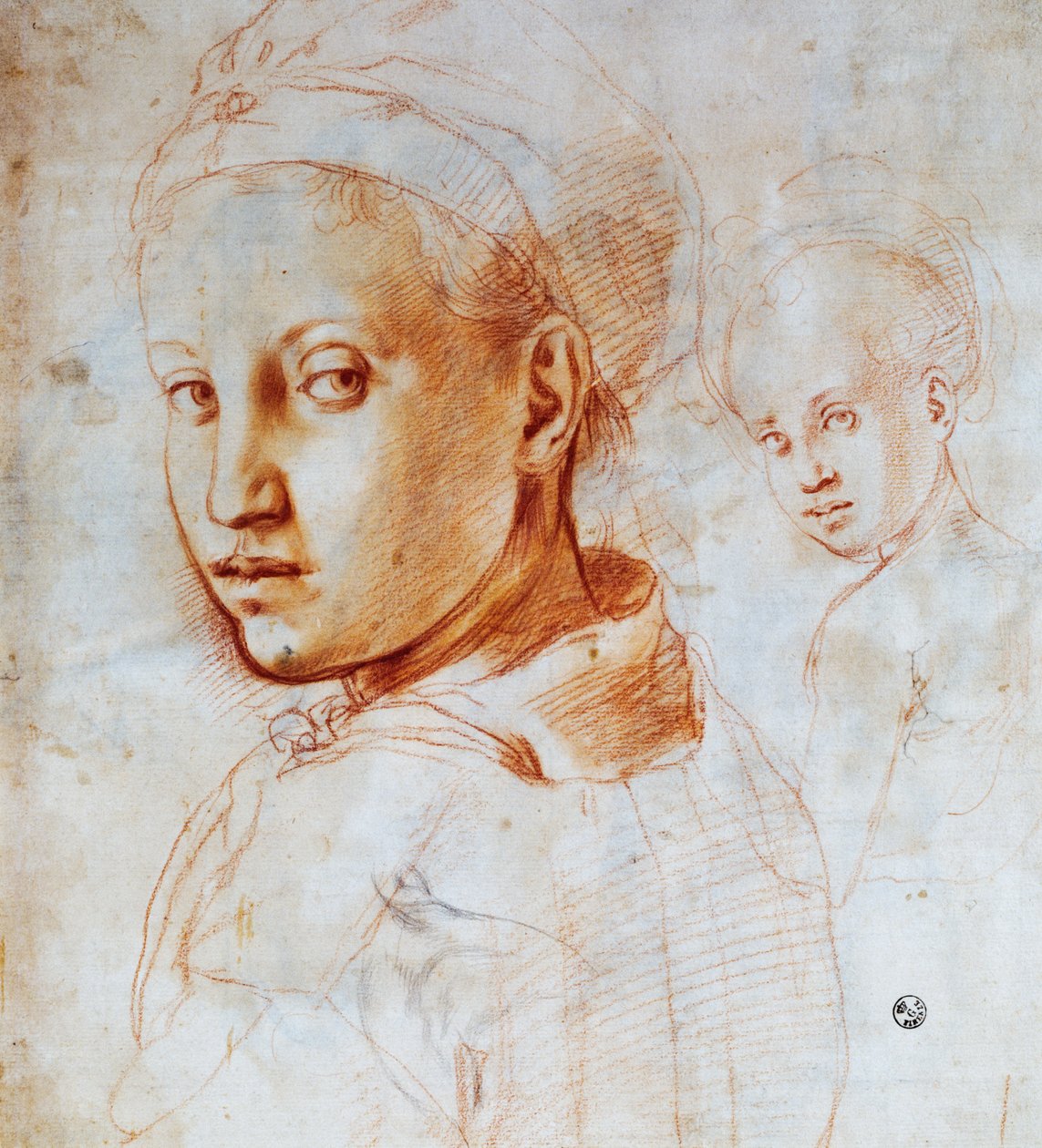 Nuoren naisen pää, Agnolo Bronzino (1503-1572), Piirustus, Italia tekijältä Jacopo Pontormo