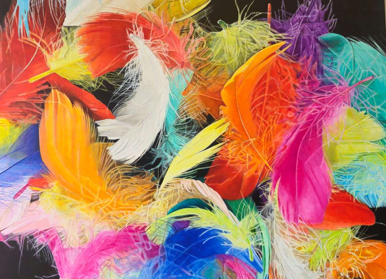 Höyhenien abstraktio III, 2023 (öljy kankaalle) tekijältä Agnès Lefèvre