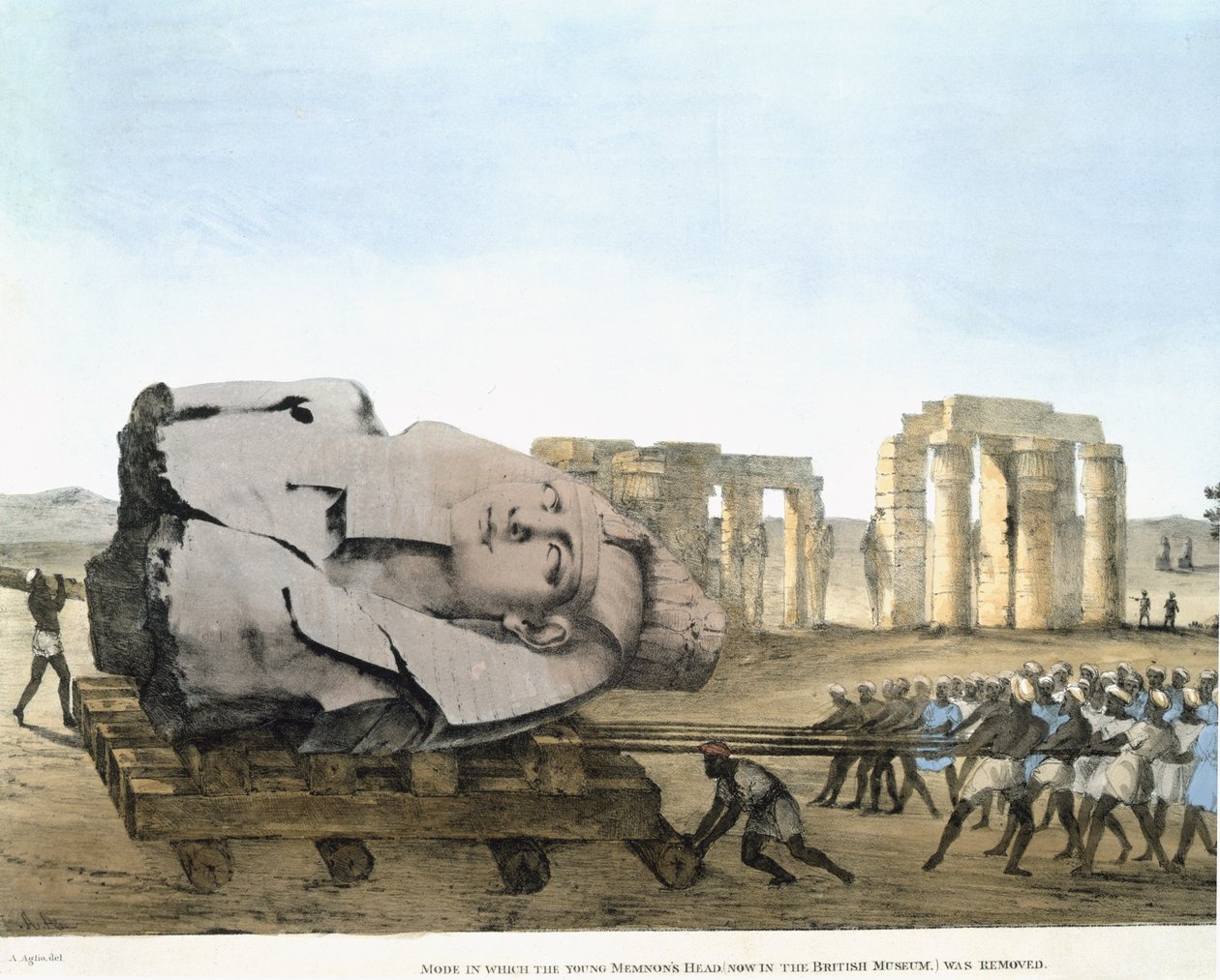 Malli, jossa Nuoren Memnonin pää poistettiin, levyt havainnollistavat Egyptin ja Nubian tutkimusta. Belzoni, Giovannie Battista. Aglio, Agostino (1777-1857) Julkaistu 1820-22 tekijältä Agostino Aglio