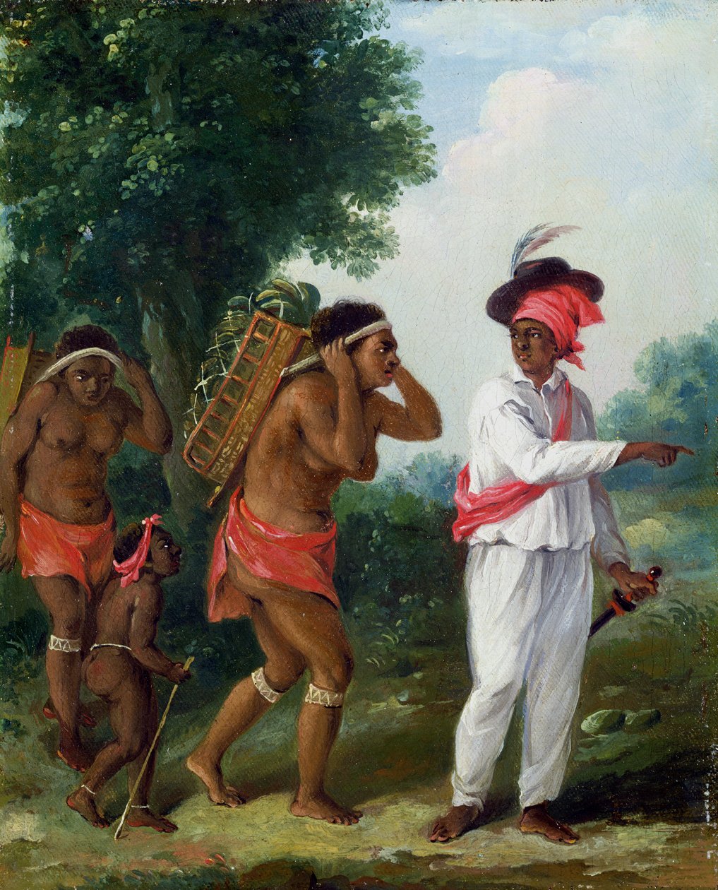 Länsi-Intialainen värillinen mies, joka ohjaa kahta karibinaista lapsen kanssa, n.1780. tekijältä Agostino Brunias