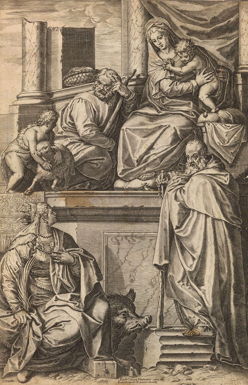 Pyhä perhe Pyhän Johannes Kastajan, Pyhän Katariinan ja Pyhän Antti Suuren kanssa tekijältä Agostino Carracci