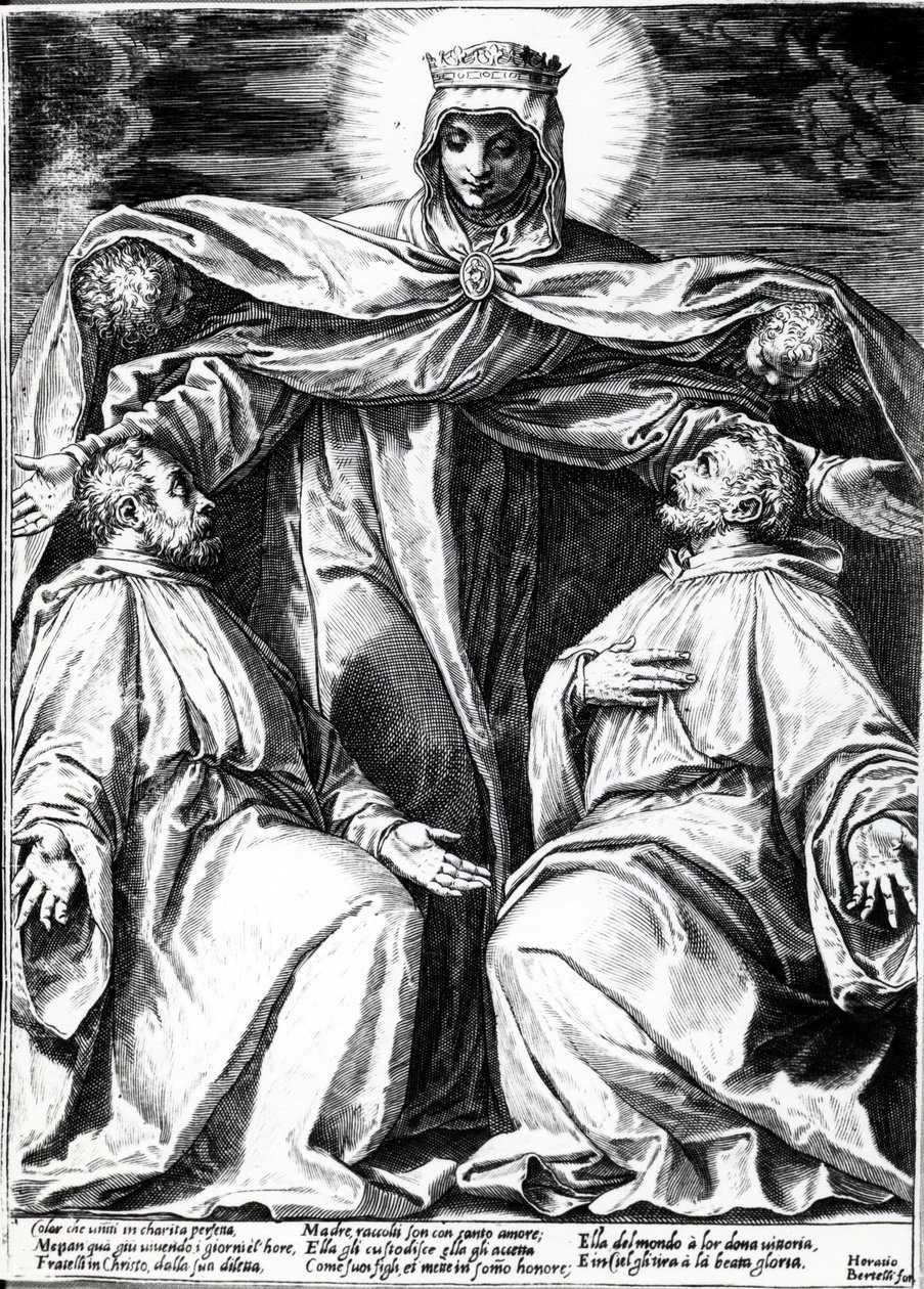 Madonna suojelee kahta veljeskunnan jäsentä, Horatio Bertellin painatus, 1582 (kaiverrus) tekijältä Agostino Carracci
