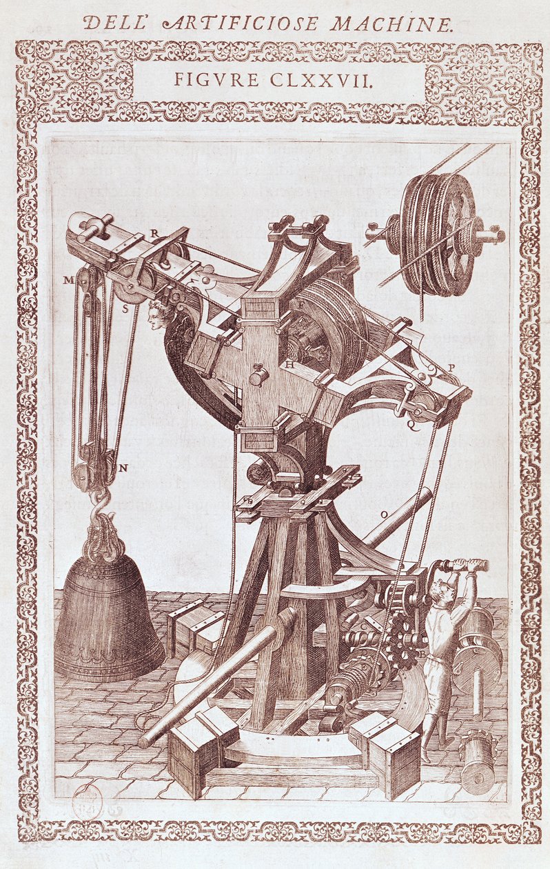 A Crane, kuvitus Agostino Ramellin teoksesta "Diverse Imaginary Machines", julkaistu Pariisissa vuonna 1588 (kuparilevykaiverrus) tekijältä Agostino Ramelli