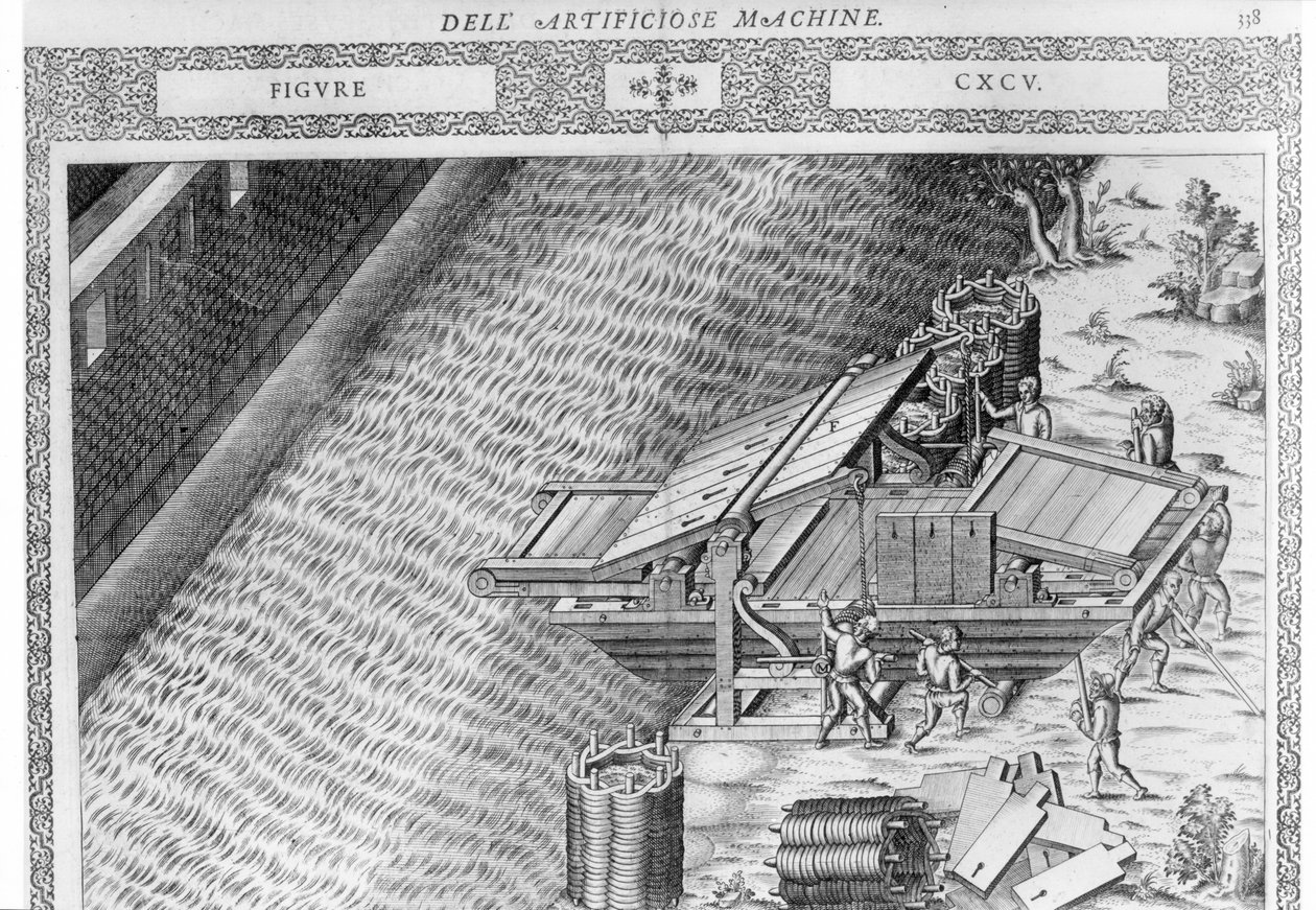 Veneen muotoinen silta, kuvitus Agostino Ramellin teoksesta "Diverse Imaginary Machines", julkaistu Pariisissa vuonna 1588 (kuparilevykaiverrus) tekijältä Agostino Ramelli