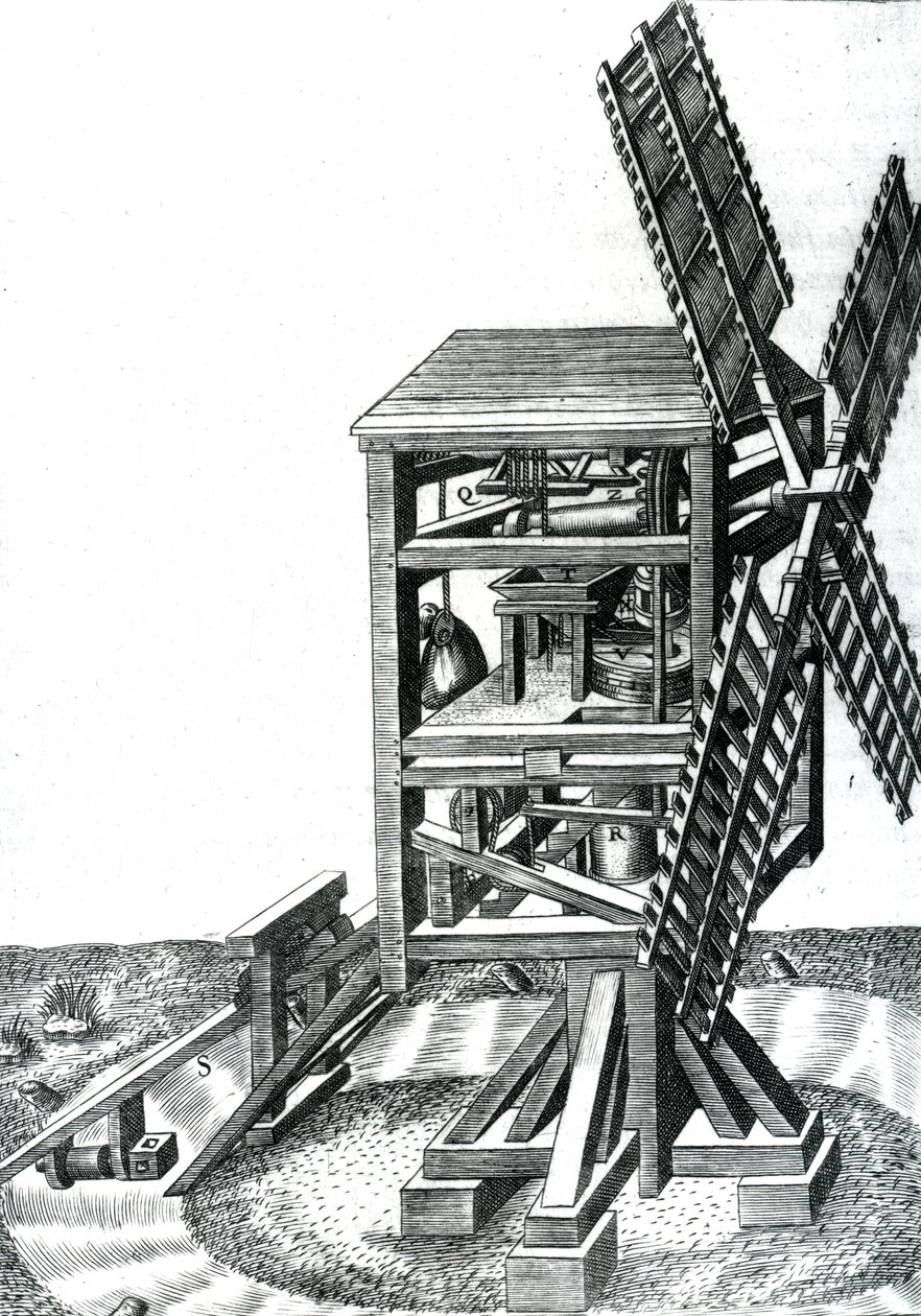 Kuva CXXXIII, tuulimylly, jossa on peräsin, Leonard Gaultierin kaiverruksesta "The Diverse and Artifactitious Machines of Captain Agostino Ramelli", julkaistu 1588. tekijältä Agostino Ramelli