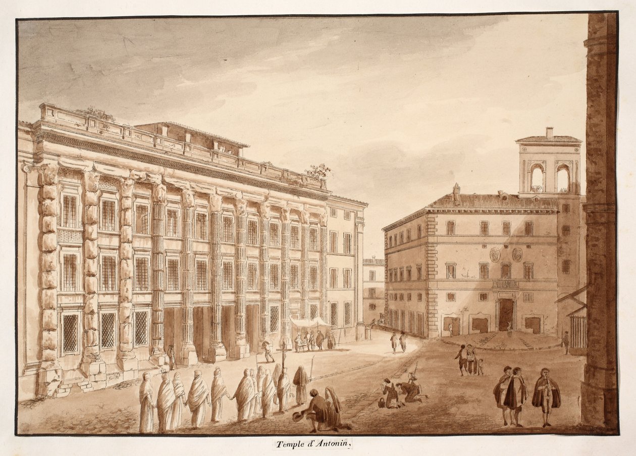 Antoninuksen temppeli, 1833 (etsaus ruskealla pesulla) tekijältä Agostino Tofanelli