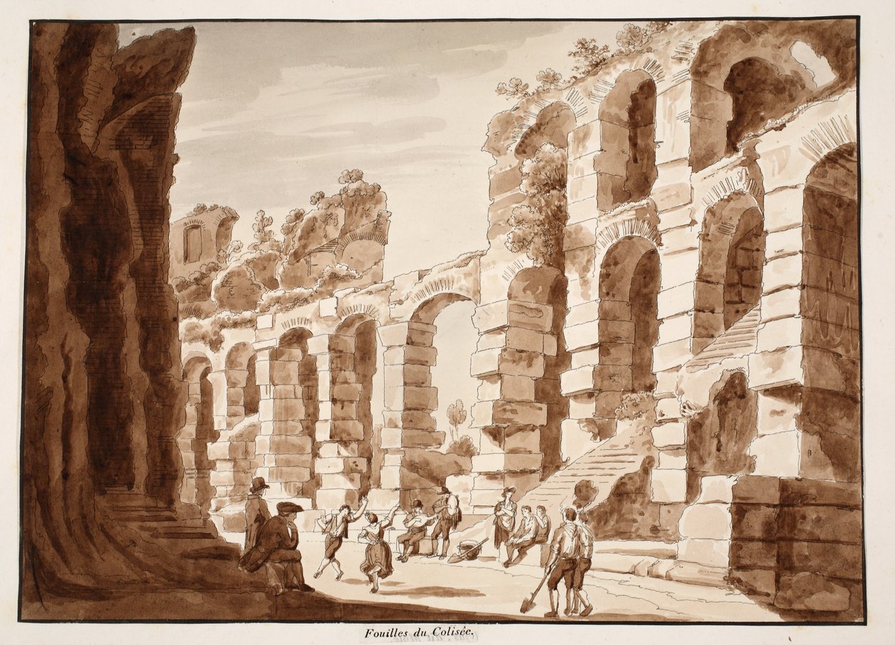 Colosseumin kaivaukset, 1883 (etsaus ruskealla pesulla) tekijältä Agostino Tofanelli