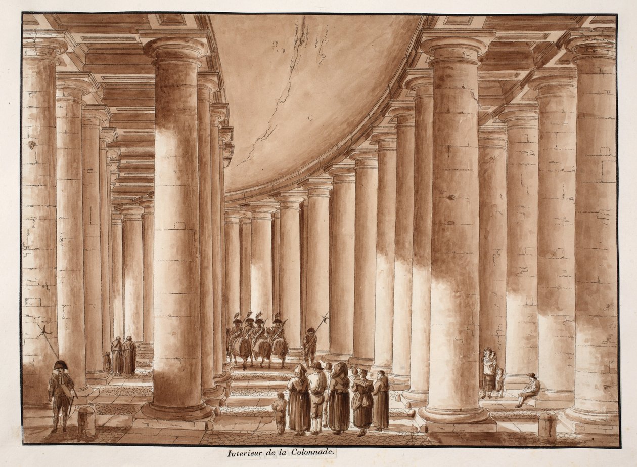 Pyhän Pietarin aukion pylväikkö, 1833 (etsaus ruskealla pesulla) tekijältä Agostino Tofanelli