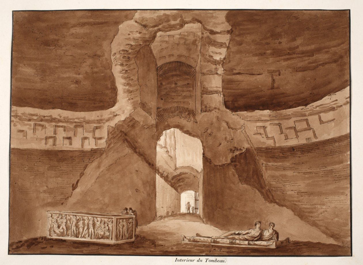 Aleksanteri Severuksen haudan sisustus, 1833 (etsaus ruskealla pesulla) tekijältä Agostino Tofanelli