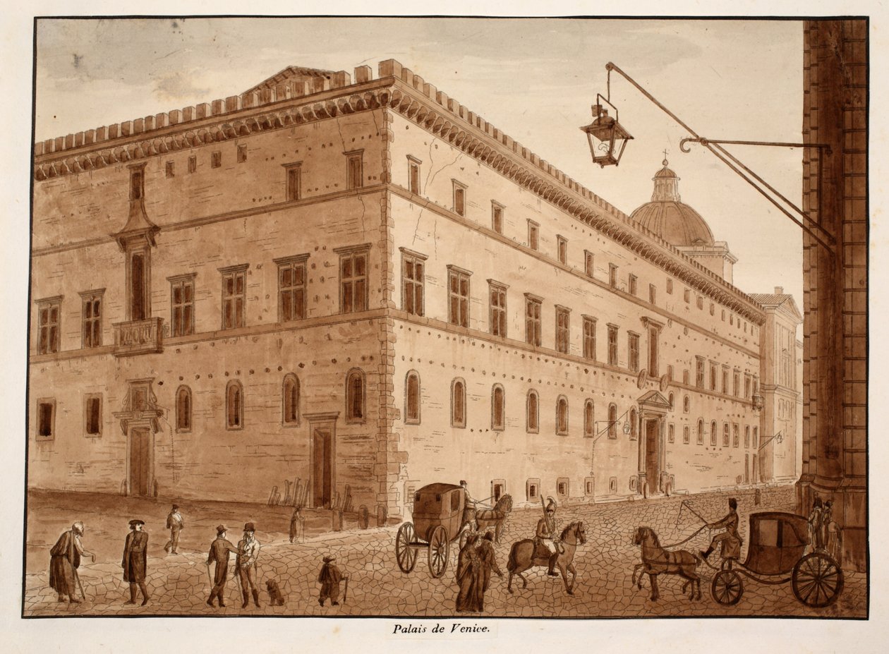 Palazzo di Venezia, 1833 (etsaus ruskealla pesulla) tekijältä Agostino Tofanelli