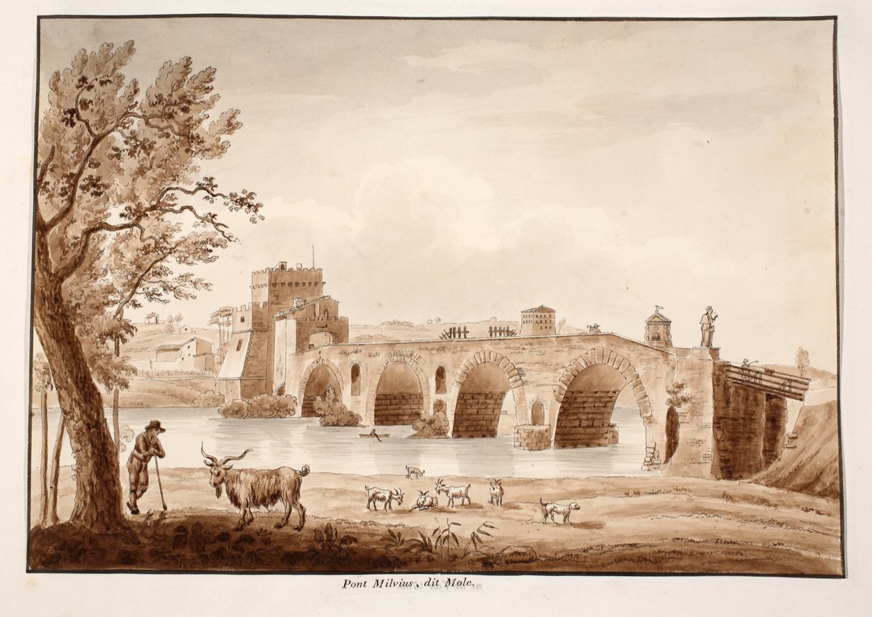 Ponte Milvio tai Ponte Molle, 1833 (etsaus ruskealla pesulla) tekijältä Agostino Tofanelli