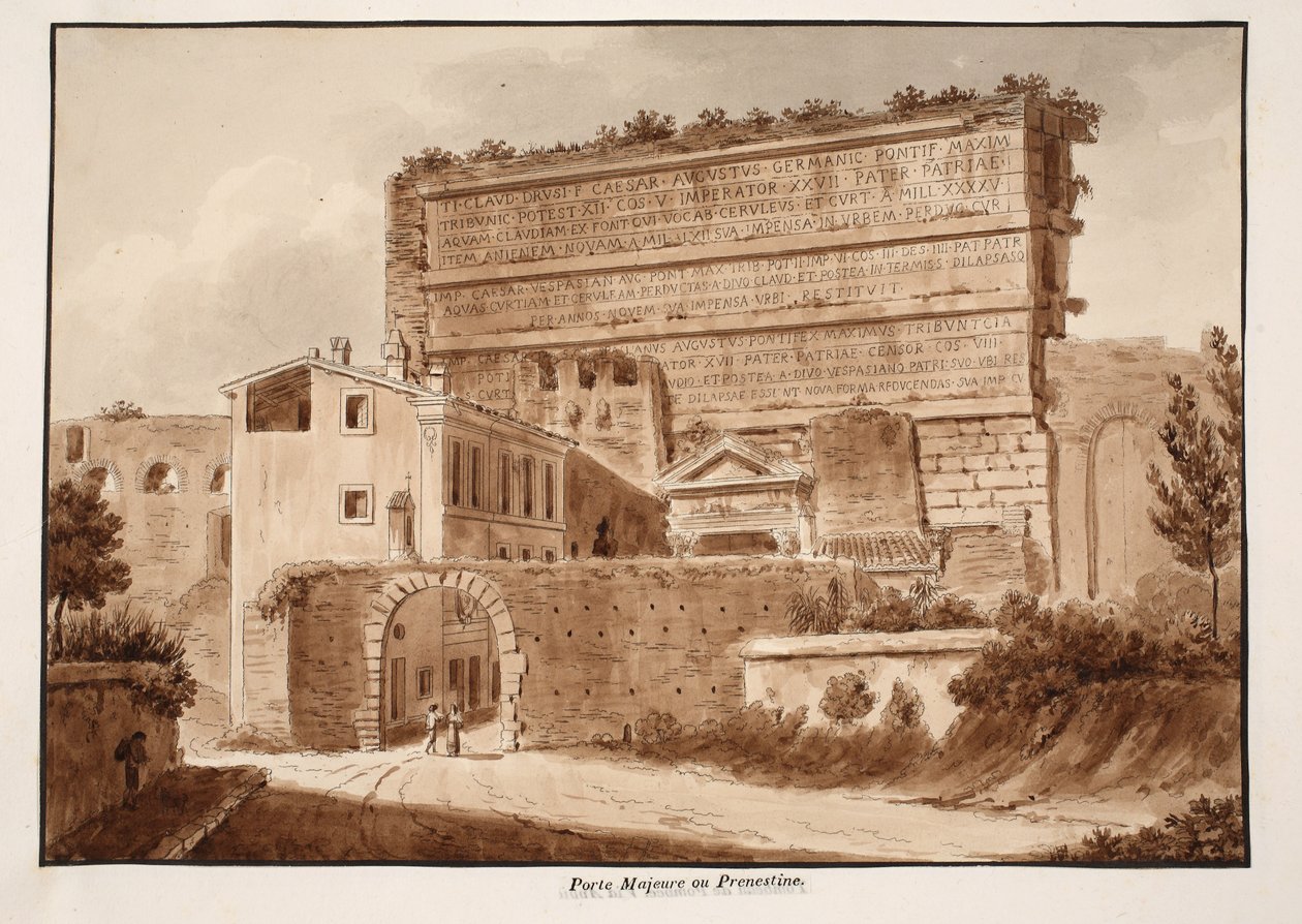 Porta Maggiore tai Prenestina, 1833 (etsaus ja ruskea pesu) tekijältä Agostino Tofanelli