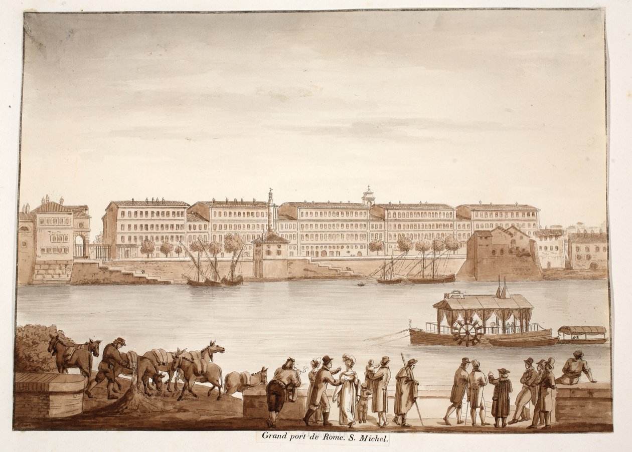 Ripa Granden ja Ospizio di S. Michelen satama, 1833 (etsaus ruskealla pesulla) tekijältä Agostino Tofanelli