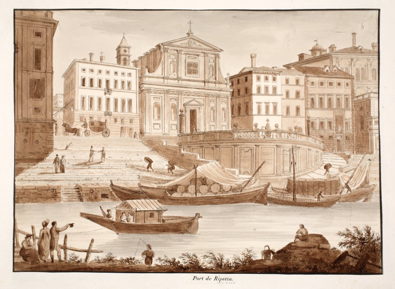 Porto di Ripetta, 1833 (etsaus ja ruskea pesu) tekijältä Agostino Tofanelli