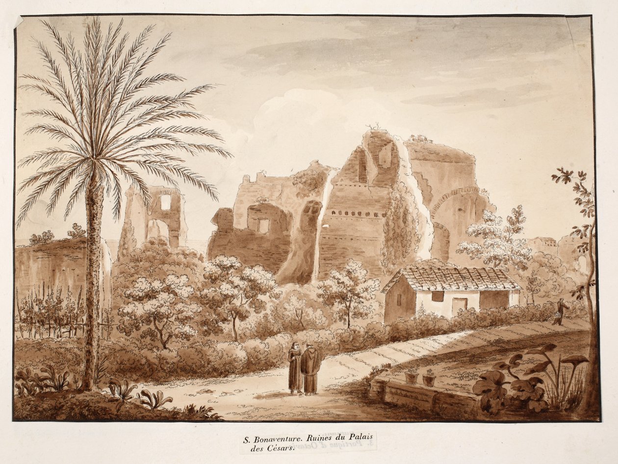 San Bonaventura ja Caesarien palatsin rauniot, 1833 (etsaus ruskealla pesulla) tekijältä Agostino Tofanelli