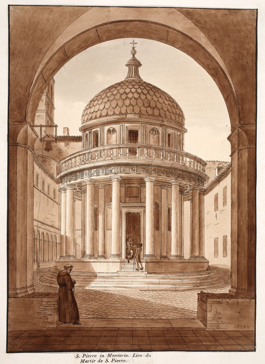 San Pietro in Montorio, Pyhän Pietarin marttyyrikuoleman paikka, 1833 (etsaus ruskealla pesulla) tekijältä Agostino Tofanelli