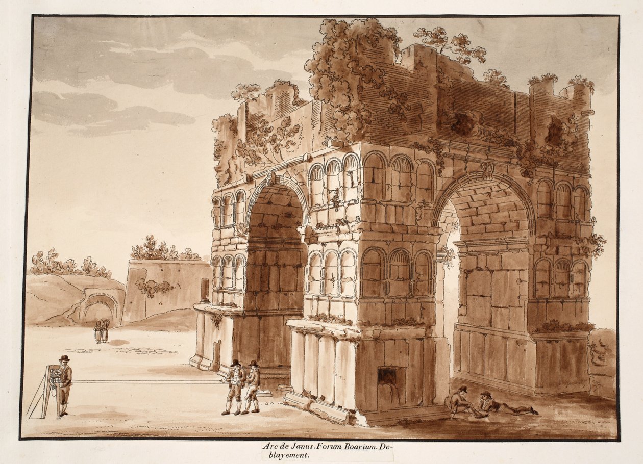 Januksen kaari: Forum Boariumin kaivaukset, 1833 (etsaus ruskealla pesulla) tekijältä Agostino Tofanelli